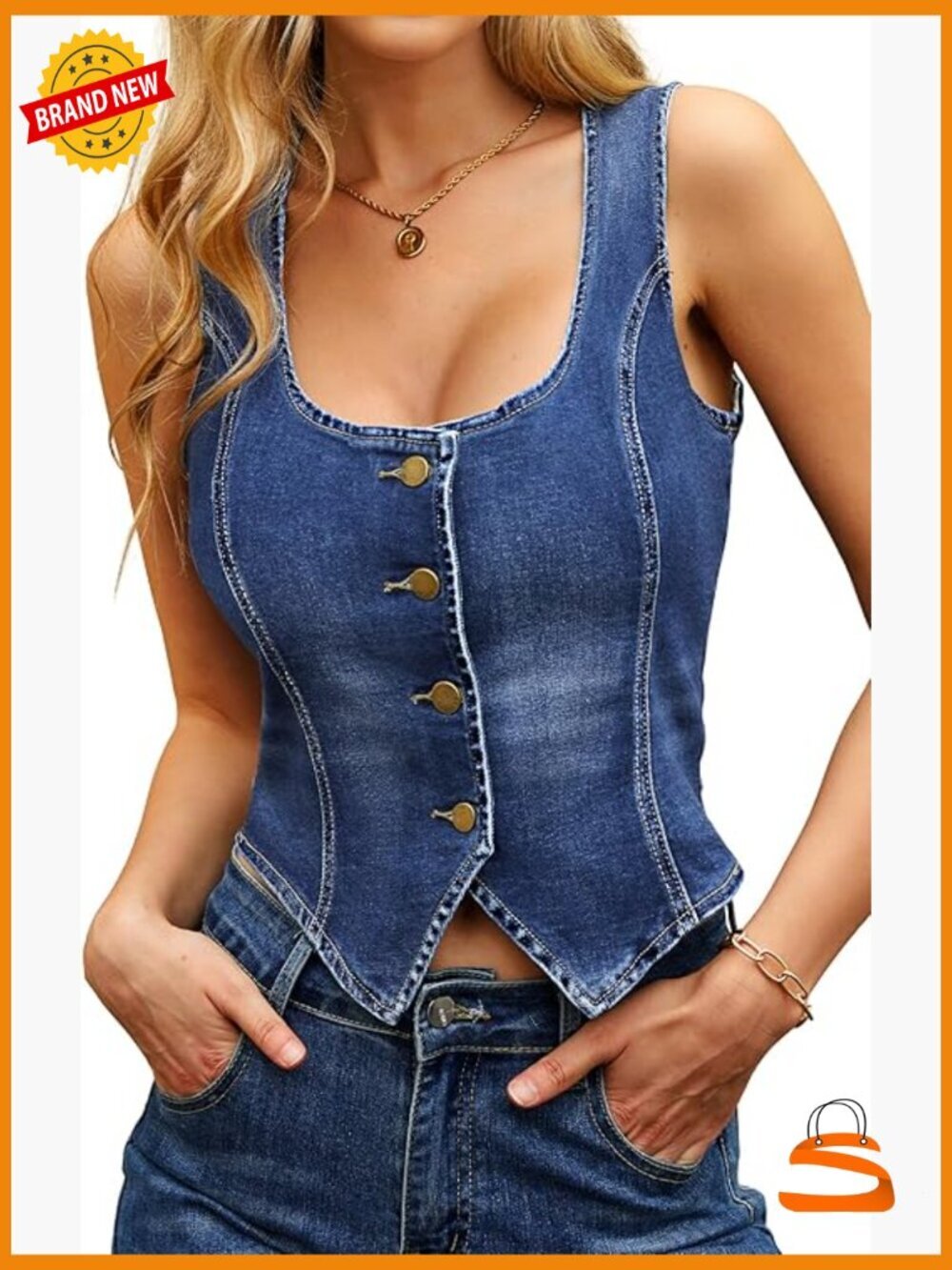 Cropped Denim Vest, Sleeveless U-Neck Button Front Y2K Top
